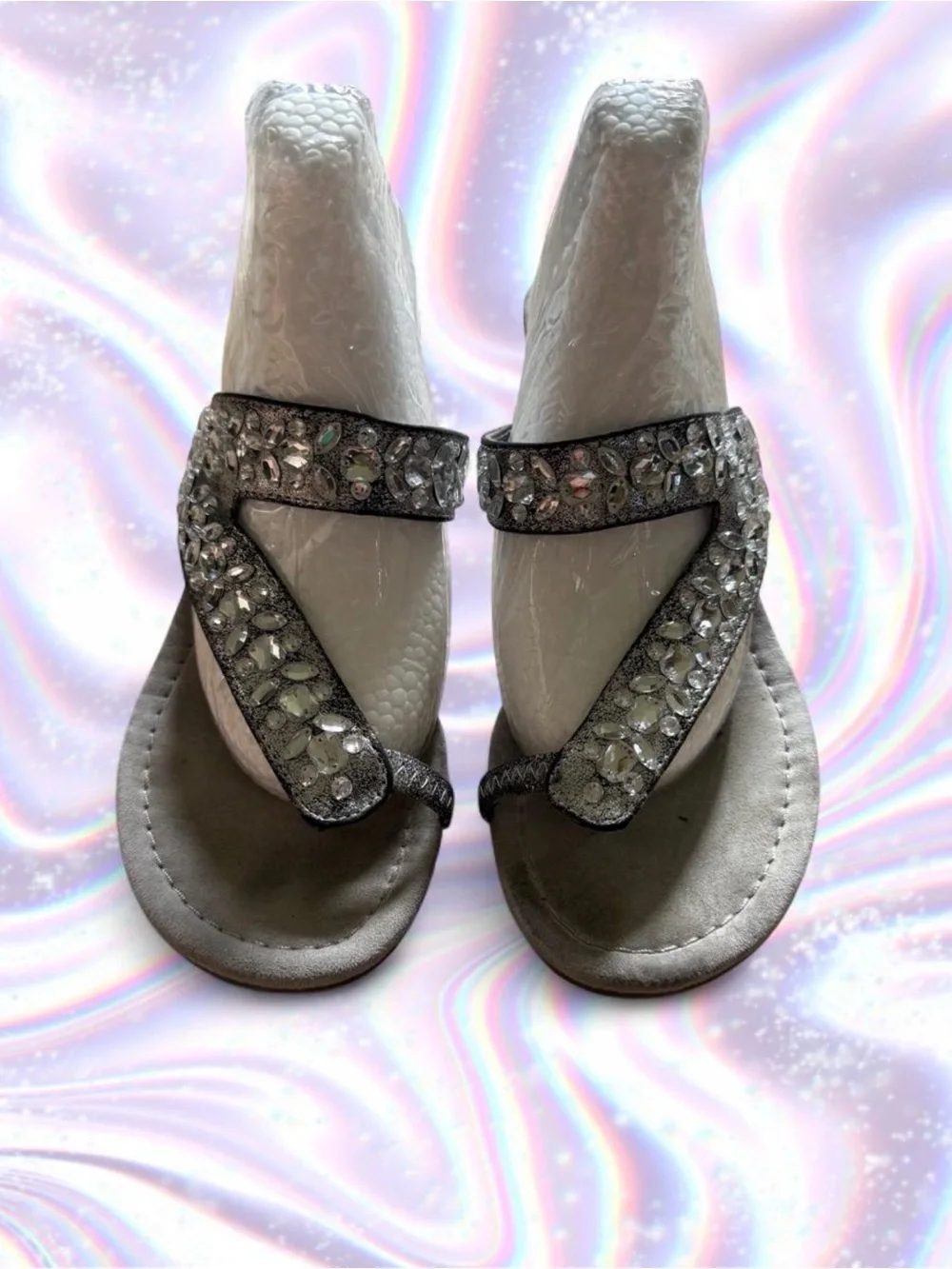New York Transit Silver Jeweled Wedge Thong Sandals